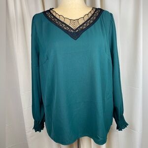 SHEIN Teal Blouse with Black Lace Neckline